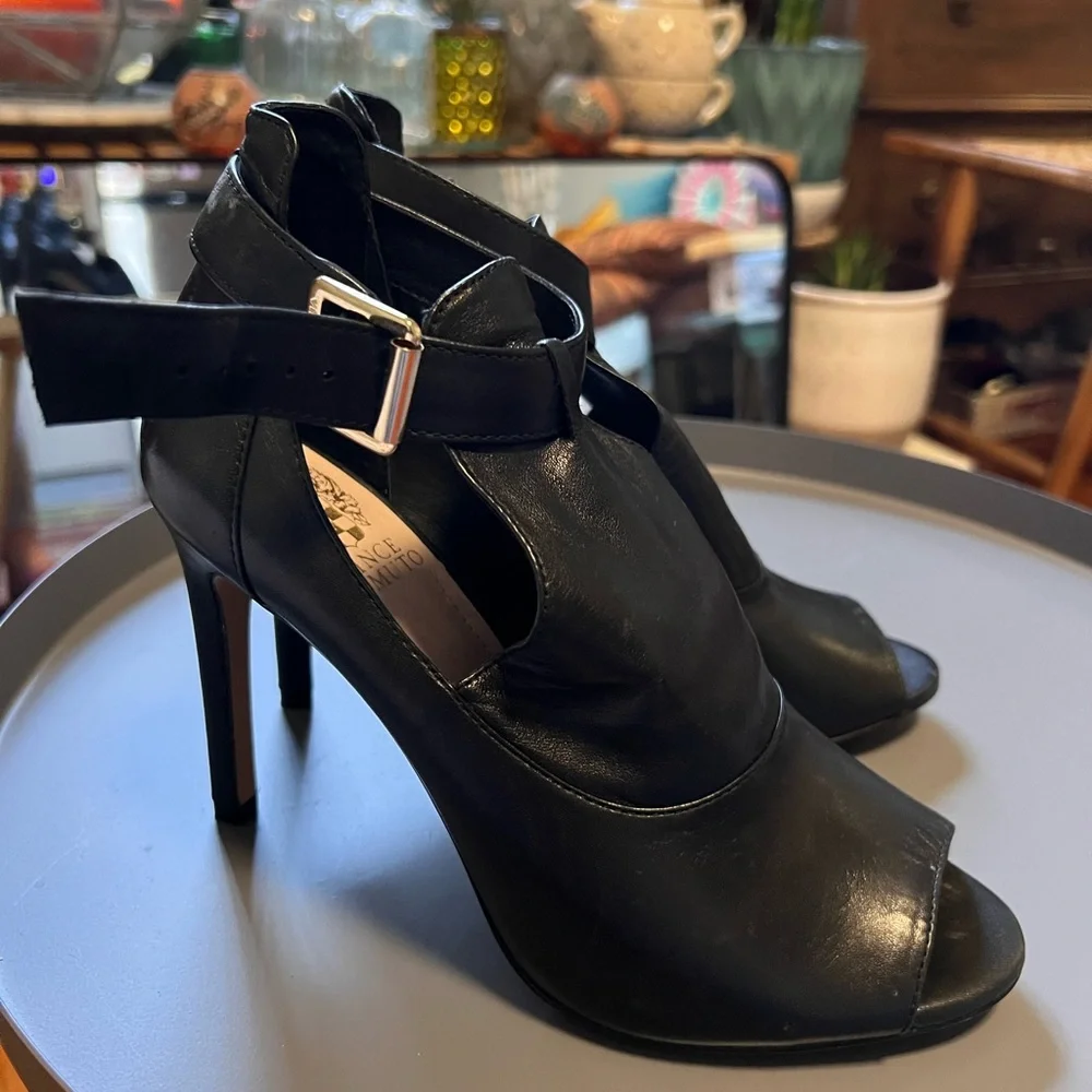 Vince Camuto Black Leather Peep-Toe Ankle-Strap Stilettos - Picture 13 of 16